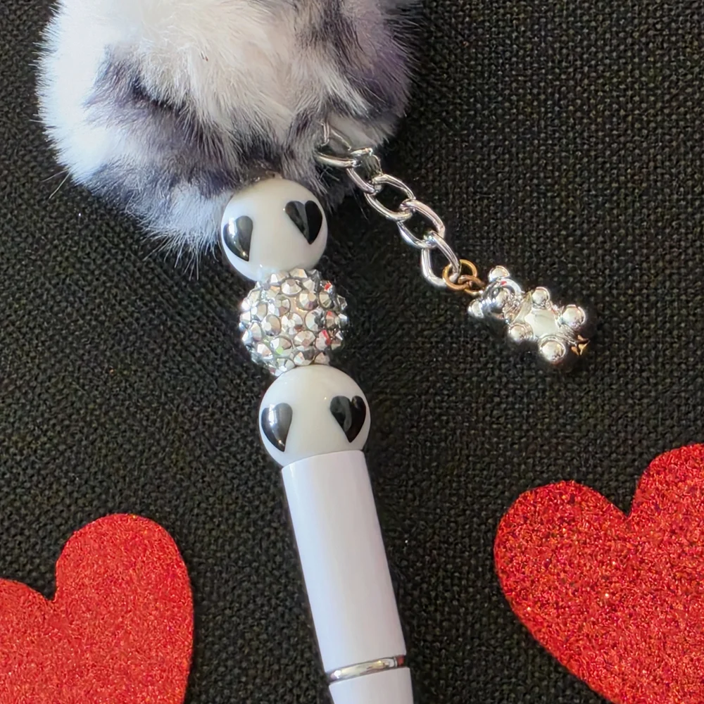 White and Silver Pom Pom Pen with Charm